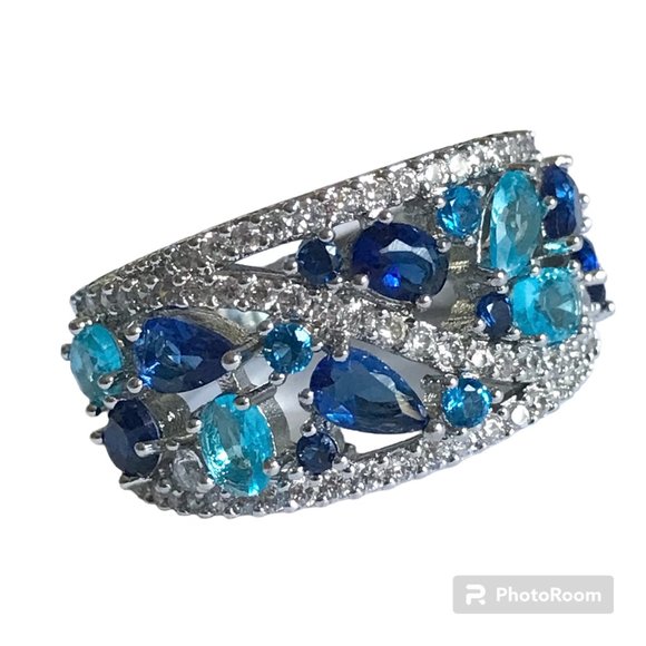 Sapphire Cocktail Ring Silver RhodiumPlated Simulated Blue Cubic Zirconia Size 7 - Picture 1 of 13